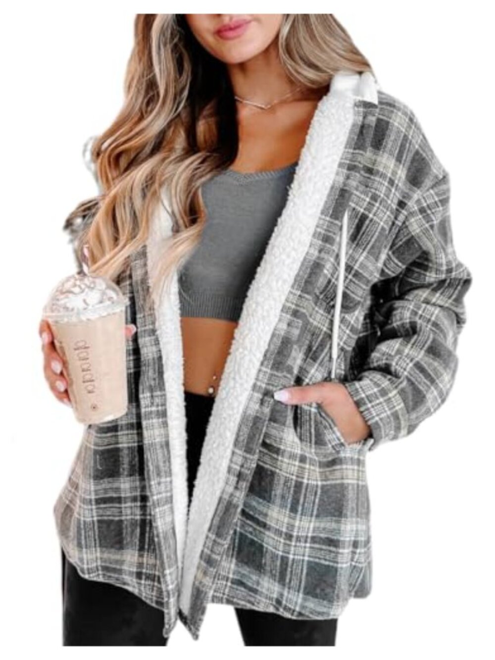 Merryfun Womens Plaid Shacket Sherpa Lined Flannel Jacket Oversized Hooded